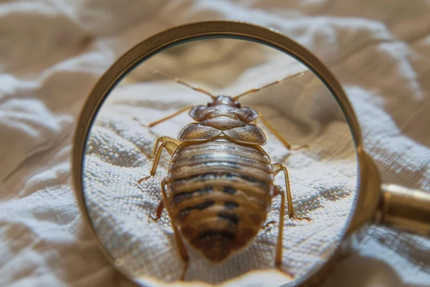 pluskwa, widoczna w powiększeniu przez lupę